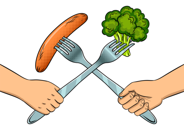 Çatal, mutfak aletleri, pop, sanat, retro, PNG illüstrasyonlarıyla savaş. Vejetaryen ve et yiyici metaforla savaşıyor. Çizgi roman tarzı taklit.