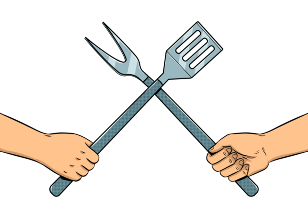 Mutfak gereçlerine savaş. Popüler sanat retro PNG illüstrasyonu. Çizgi roman tarzı taklit.