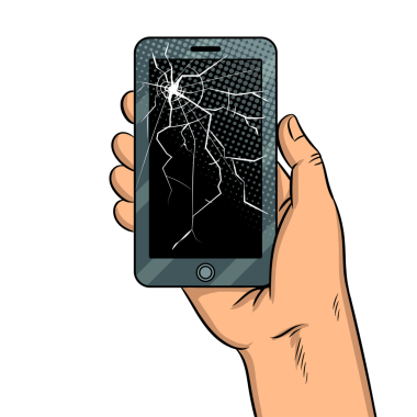 Bozuk ekran pop sanat retro PNG illüstrasyonlu akıllı telefon. Çizgi roman tarzı taklit.