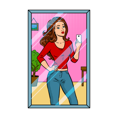 Kız aynada özçekim yapıyor. Popüler sanat retro PNG illüstrasyonu. Çizgi roman tarzı taklit.