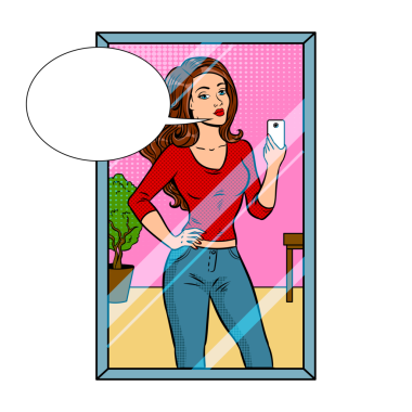 Kız aynada özçekim yapıyor. Popüler sanat retro PNG illüstrasyonu. Çizgi roman tarzı taklit.