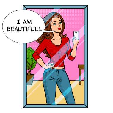 Kız aynada özçekim yapıyor. Popüler sanat retro PNG illüstrasyonu. Çizgi roman tarzı taklit.