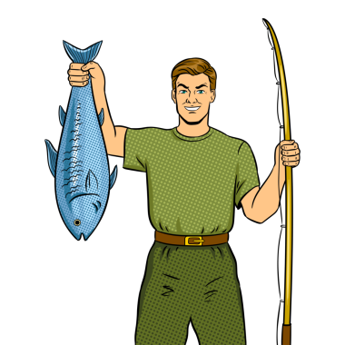 Balıkçı olta ve balıkla Pop Art retro PNG illüstrasyonunu yakaladı. Çizgi roman tarzı taklit.