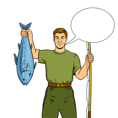 Balıkçı olta ve balıkla Pop Art retro PNG illüstrasyonunu yakaladı. Çizgi roman tarzı taklit.