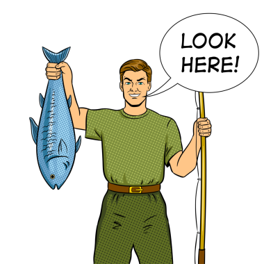 Balıkçı olta ve balıkla Pop Art retro PNG illüstrasyonunu yakaladı. Çizgi roman tarzı taklit.