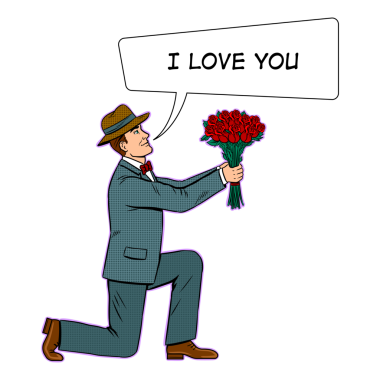 Bir dizindeki adam gül çiçeklerine buket pop sanatını eski PNG illüstrasyonuna çeviriyor. Çizgi roman tarzı taklit.