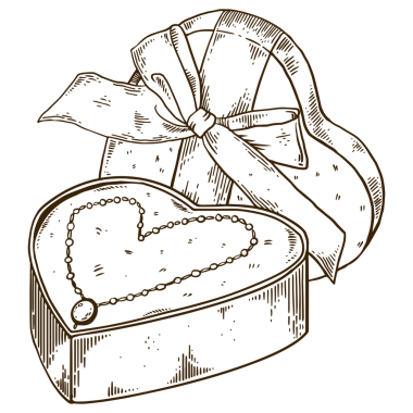 Kalp şeklinde PNG çizimi şeklinde hediye kutusuna elmas kolye. Esmer bir geçmişi var. Tahta sitili taklit. El çizimi resim.