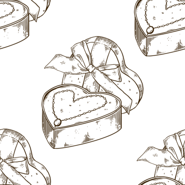 Hediye kutusunda elmas kolye var. Kalbinde pürüzsüz desenli PNG çizimi var. Tahta sitili taklit. El çizimi resim.