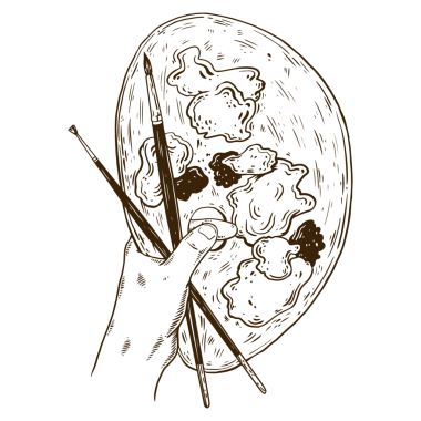 Ressamların ellerinde fırça ve boyalarla PNG çizimleri. Esmer bir geçmişi var. Tahta sitili taklit. El çizimi resim.