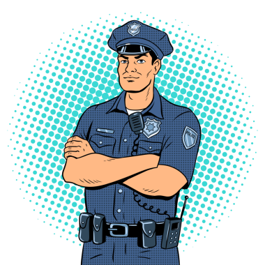 Polis memuru pop sanat retro PNG illüstrasyon. Renkli arka plan. Çizgi roman tarzı taklit.