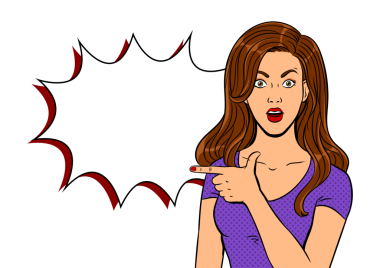 Şaşırmış yüzlü genç bir kadın parmak şıklatmalı sanat retro PNG çizimi yapıyor. Renkli arka plan. Çizgi roman tarzı taklit.