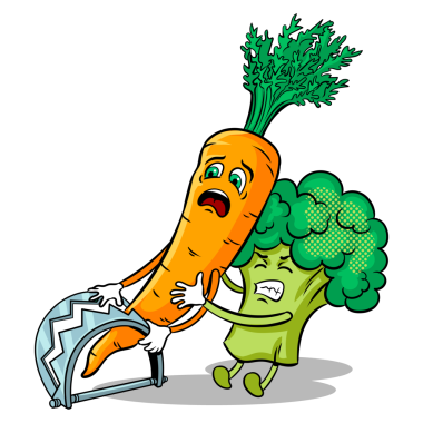 Çizgi film havucu tuzağa düştü ve brokoli onu serbest bırakmaya çalışıyor. Popüler sanat retro PNG çizimi. Beyaz arkaplandaki izole görüntü. Çizgi roman tarzı taklit.