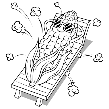 Plajda bronzlaşmış mısır ve patlamış mısır renginde PNG resimlere dönüşüyor. Beyaz arkaplandaki izole görüntü. Çizgi film karakteri. Çizgi roman tarzı taklit.