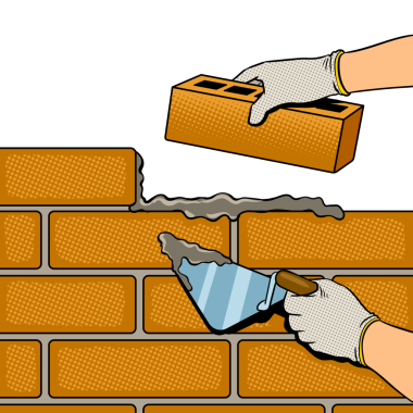 Tuğla duvar inşa süreci pop sanat retro PNG çizimi. Beyaz arkaplandaki izole görüntü. Çizgi roman tarzı taklit.