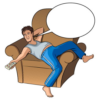 TV 'de pop sanat tarzı PNG illüstrasyonu izleyen tembel adam. İnsan illüstrasyonu. Mesaj balonu. Çizgi roman tarzı taklit. Antika retro tarzı.