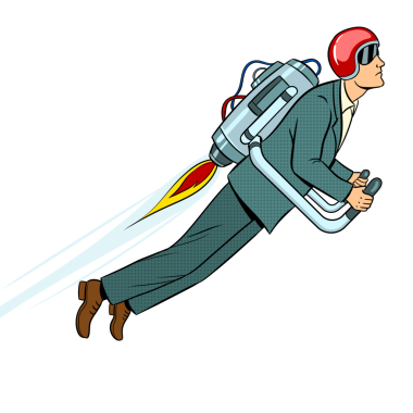 Jet-pack 'te uçan adam popüler sanat tarzı PNG illüstrasyonu. İnsan illüstrasyonu. Beyaz arkaplandaki izole görüntü. Çizgi roman tarzı taklit. Antika retro tarzı.