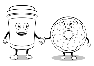 Çizgi film kahveyle donut el ele tutuşup PNG resimlerini boyuyor. Beyaz arkaplandaki izole görüntü. Çizgi film karakteri. Çizgi roman tarzı taklit.