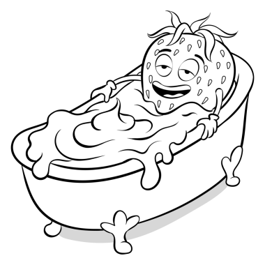 Çilek krem rengi PNG illüstrasyonuyla yıkanır. Çizgi film karakteri. Mesaj balonu. Renkli arka plan. Çizgi roman tarzı taklit.