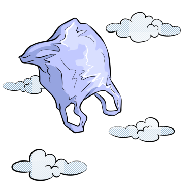 Plastik torba gökyüzünde uçuyor. Popüler sanat retro PNG çizimi. Renkli arka plan. Çizgi roman tarzı taklit.