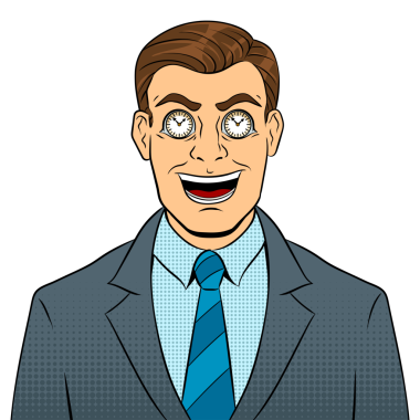 Gözlerinde saati olan bir iş adamı. Popüler sanat retro PNG illüstrasyonu. Beyaz arkaplandaki izole görüntü. Çizgi roman tarzı taklit.
