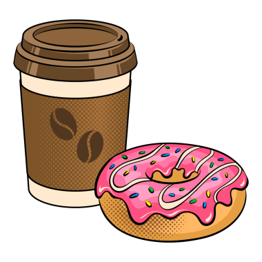 Çizgi film kahvesi ve pop sanat retro PNG çizimi. Beyaz arkaplandaki izole görüntü. Çizgi roman tarzı taklit.