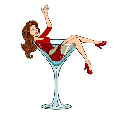 Güzel genç bir kadın alkollü pop sanatı için yüksek bir kokteyl bardağının üzerine oturur. Beyaz arkaplandaki izole görüntü. Çizgi roman tarzı taklit.