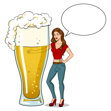 Bira kadehli, pop sanat retro PNG resimli güzel bir genç kadın. Mesaj balonu. Çizgi roman tarzı taklit.