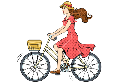 Bisikletli genç bir kadın pop sanatına biniyor.