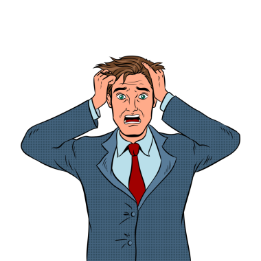 Panik duygusu olan, pop sanatının eski PNG çizimi olan bir adam. Yüz ifadesi. Beyaz arkaplandaki izole görüntü. Çizgi roman tarzı taklit.