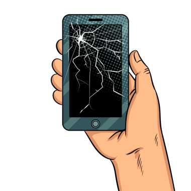 Bozuk ekran pop sanat retro PNG illüstrasyonlu akıllı telefon. Beyaz arkaplandaki izole görüntü. Çizgi roman tarzı taklit.