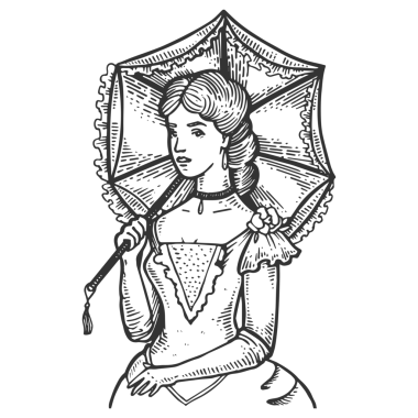 Eski moda güneş şemsiyeli PNG resimli eski moda kız. Tahta sitili taklit. Siyah beyaz el çizimi resim.