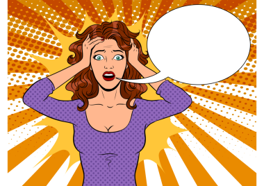 Panik duygusu olan genç bir kadın pop sanatının eski PNG çizimi. Yüz ifadesi. Mesaj balonu. Çizgi roman tarzı taklit.