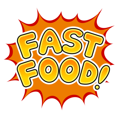 Fast food kelime pop sanat retro PNG illüstrasyon. Beyaz arkaplandaki izole görüntü. Çizgi roman tarzı taklit.