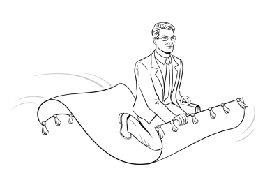 Sihirli halı boyamayla uçan bir iş adamı. Beyaz arkaplandaki izole görüntü. Çizgi roman tarzı taklit.