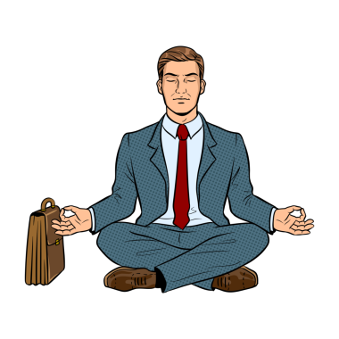 Meditasyon yapan iş adamı pop sanat retro PNG illüstrasyonu. Beyaz arkaplandaki izole görüntü. Çizgi roman tarzı taklit.