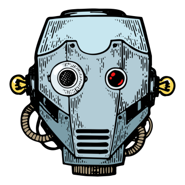 Cyborg robot metal kafa rengi çizimi PNG çizimi. Tahta sitili taklit. Siyah beyaz el çizimi resim.