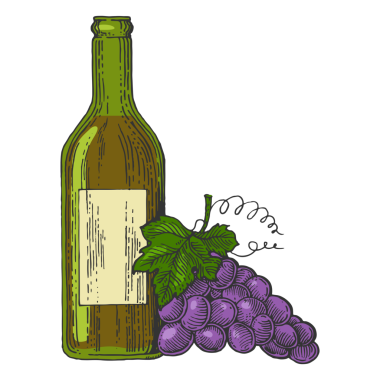 Bir şişe şarap ve üzüm rengi kabartma PNG çizimi. Tahta sitili taklit. El çizimi resim.