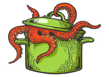 Ahtapot deniz hayvanı, PNG çiziminden kurtulur. Tahta sitili taklit. El çizimi resim.