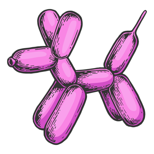 Balonlu köpek oyuncağı rengi çizimi, kabartma PNG çizimi. Tahta sitili taklit. Siyah beyaz el çizimi resim.