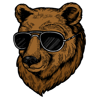 Güneş gözlüklü ayı. Renkli çizim. Kabartmalı PNG çizimi. Tahta sitili taklit. Siyah beyaz el çizimi resim.