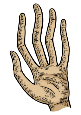 Uzun spagetti parmaklı el, renkli çizim.