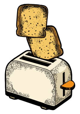 Ekmek kızartma makinesi üzerinde kabartma kabartması olan bir tost makinesi.