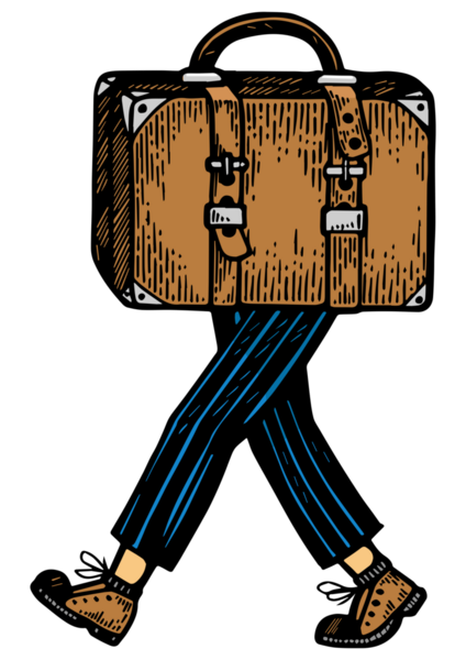 Çanta ayaklarının üzerinde yürüyor. Renk çizimi.