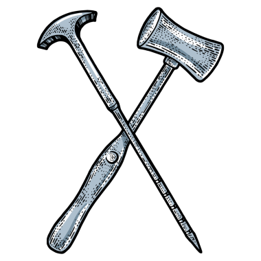 Lobotomi Aracı Orbitoclast ve çekiç çizimi PNG çizimi. Tişört giysisi baskısı tasarımı. Çizik tahtası taklidi. Siyah beyaz el çizimi resim.