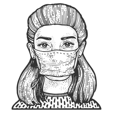 Tıbbi maske çizimi yapan genç bir kadın. PNG çizimi. Tişört giysisi baskısı tasarımı. Çizik tahtası taklidi. Siyah beyaz el çizimi resim.