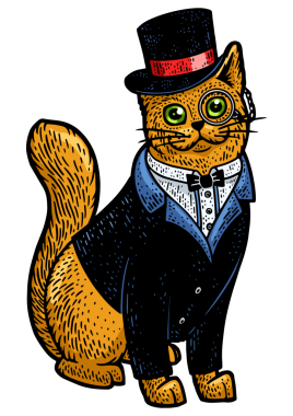 Smokinli kedi silindir şapka ve gözlüklü çizim PNG