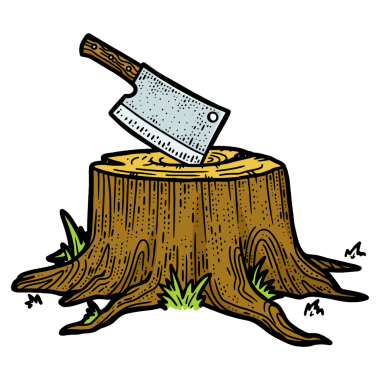 Mutfak satırı ağaç kütüğüne sıkışmış PNG taslağı