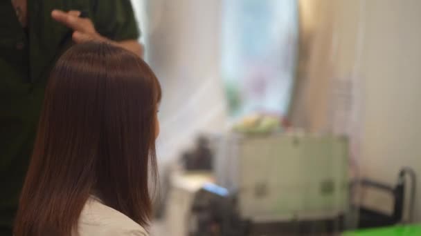 Male Hairdresser Ironing Woman Hair — Vídeo de stock