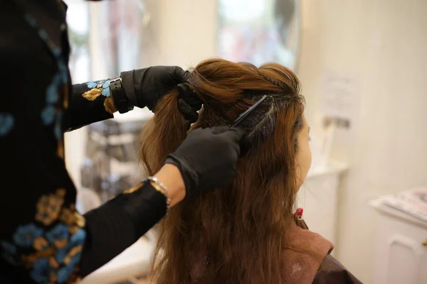 Male Hairdresser Applying Drug Woman Hair —  Fotos de Stock