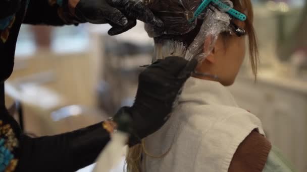 女性の髪に薬を適用する男性の美容師 — ストック動画